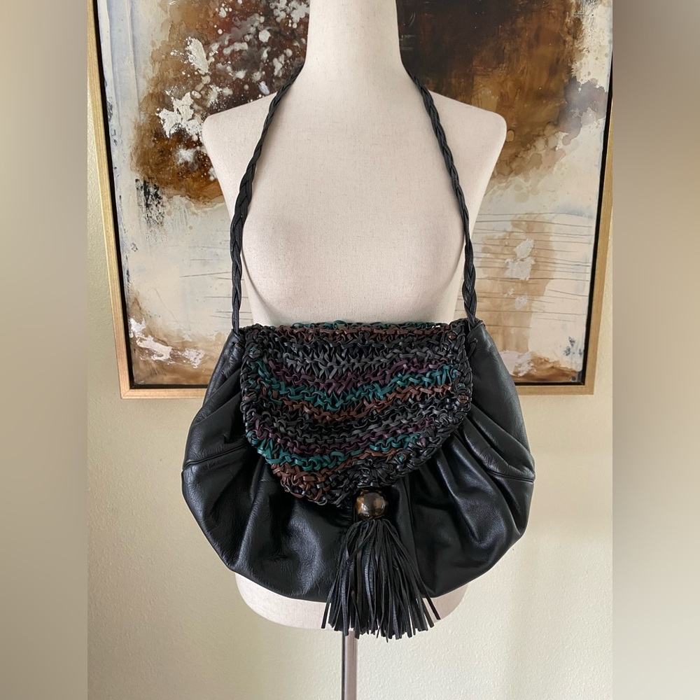 RARE Vintage 80’s Sharif woven fringe genuine leather handbag  purse GC~